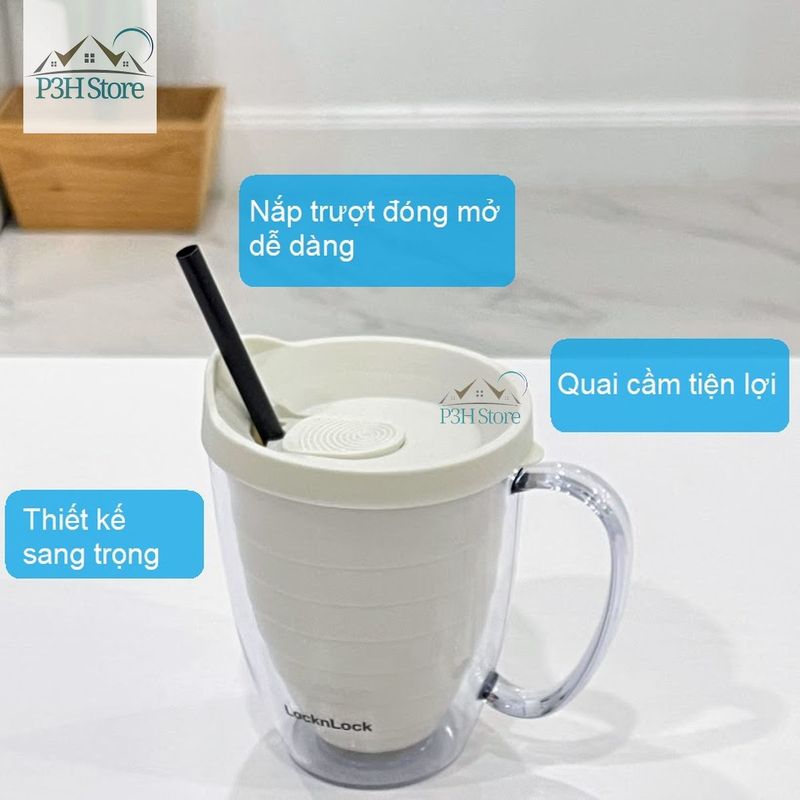 Ly nhựa 2 lớp Lock&Lock Cold Cup 360ml/600ml kèm ống nắp trượt đóng mở HAP523IVY 524RED HAP525IVY