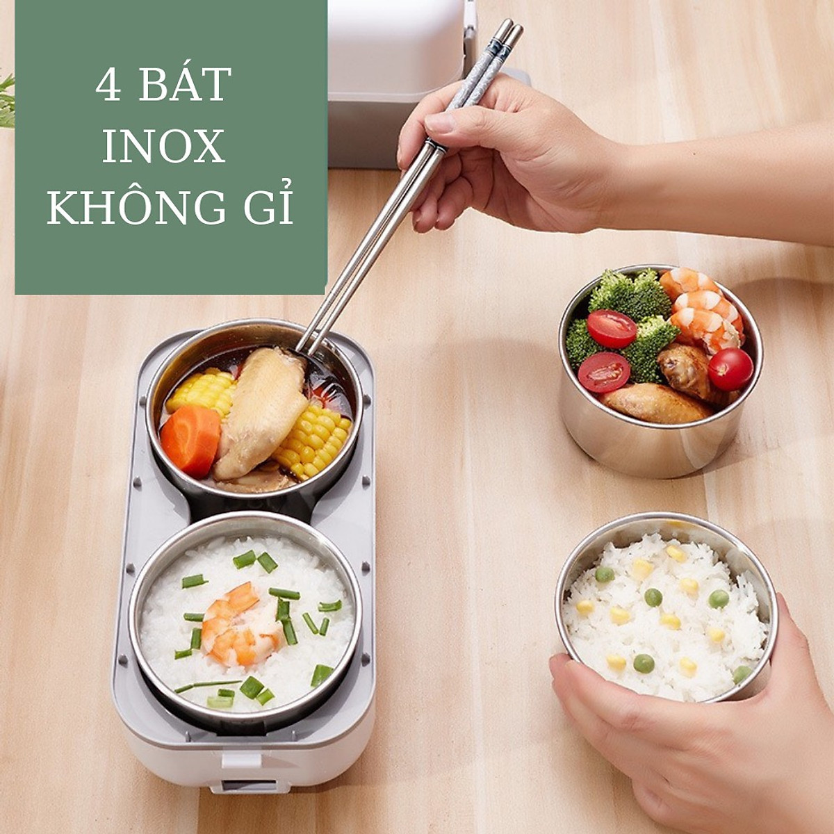 Hộp Cơm Cắm Điện, Hộp Cơm Văn Phòng, Hâm Nóng Và Có Thể Nấu Chín Thức Ăn, Hộp Cơm 4 Ngăn Ruột Inox 304 Cao Cấp - Hàng Nhập Khẩu