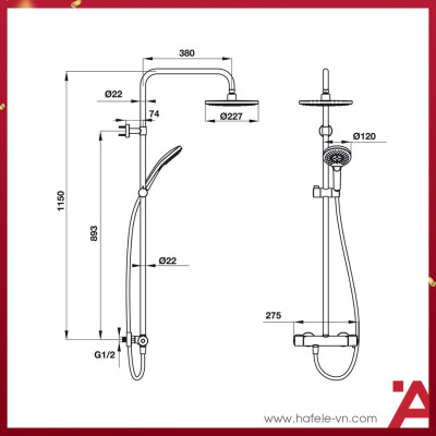 Thanh Sen Kết Hợp Có Bộ Trộn Điều Nhiệt Intenslty 227R Hafele 495.60.101