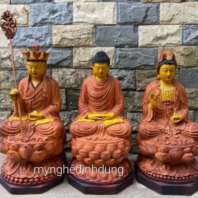 Bộ tượng phật tam thánh bằng gỗ hương đá kt cao 30×15cm + lá chắn hào quang quang cao tổng 41cm