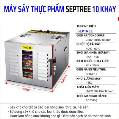 Máy sấy thực phẩm chuyên nghiệp dung tích lớn 59 lít, có tới 10 khay inox, Thương hiệu Mỹ Septree cao cấp ST-01 - HÀNG CHÍNH HÃNG, BẢO HÀNH 12 THÁNG