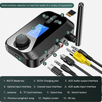ROGTZ Bộ thu phát âm thanh Bluetooth 5.1 đa năng 6 trong 1 Kết nối đa dạng Optical Coaxial AUX RCA 3.5mm Hỗ trợ thẻ TF Màn LCD Hỗ trợ A2DP/AVRCP/EDR/HSP Micro đàm thoại Thông báo giọng nói  Kết nối tự động Angten Xe hơi Nhà ở Rạp hát Hàng Chính Hãng 