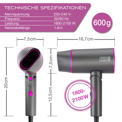 Máy sấy tóc Lebenlang LBL3088 công suất 2100W của Đức, chống xơ rối tóc bằng công nghệ ion - Hàng Chính Hãng