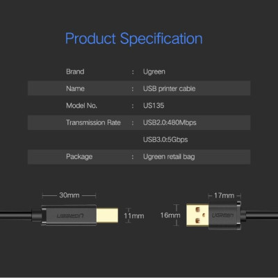 Ugreen UG10352US135TK 5M màu Đen Cáp USB 2.0 sang USB B máy in đầu mạ vàng - HÀNG CHÍNH HÃNG