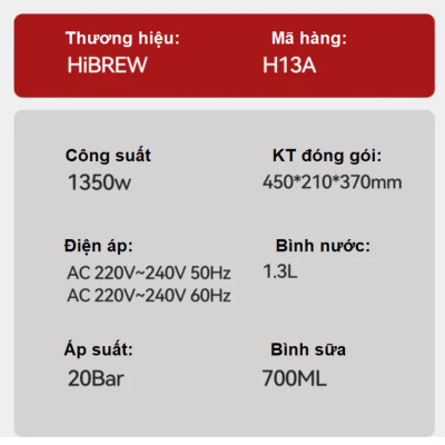 Máy pha cà phê Espresso bán tự động 3 trong 1 Thương hiệu HiBREW H13A Mỹ Với Công suất 1350W, Áp suất 20 bar - Bảo hành 12 tháng, Hàng Nhập Khẩu