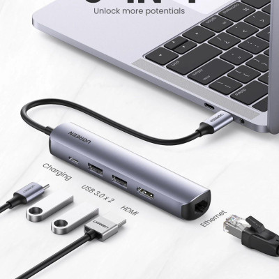 Ugreen UG10919CM418TK 5 trong 1 4K60Hz PD 100W 1000Mbps màu xám Bộ chuyển type c ra 2 * USB 3.0 A + HDMI + RJ45 giga + PD - HÀNG CHÍNH HÃNG