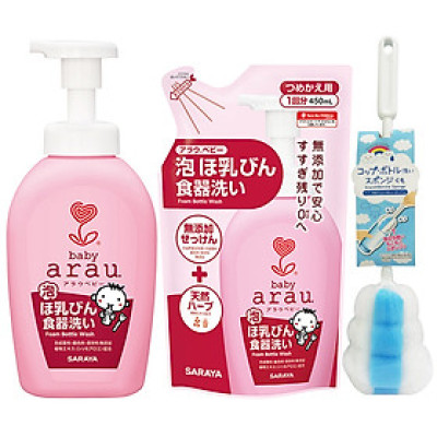 Combo Nước Rửa Bình Arau Baby Chai 500ml và Túi 450ml + Tặng 01 Cọ Rửa Bình Của Nhật
