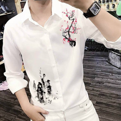 Áo sơ mi nam họa tiết núi và cây hoa anh đào