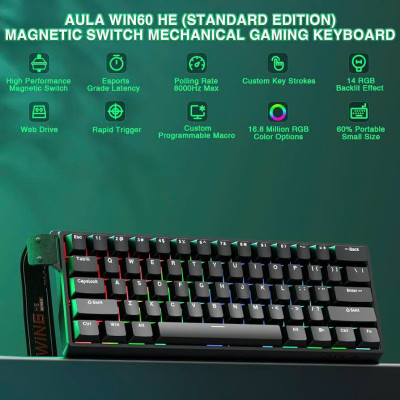 Bàn phím cơ Gaming có dây AULA WIN60HE (Phiên bản Đen/ Gray Wood magnetic switch - Rapid trigger) - Hàng Chính Hãng