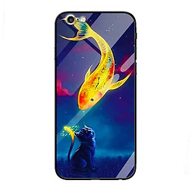 Ốp lưng kính cường lực cho iPhone 6 Plus /6s Plus Nền Cá Chép và Mèo - Hàng Chính Hãng
