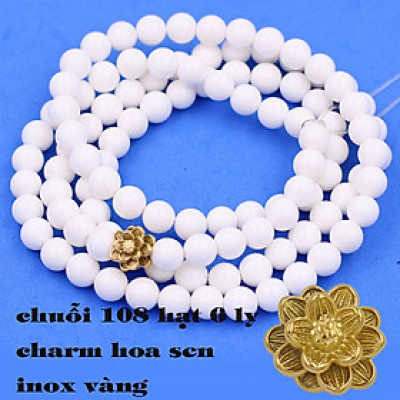 [Mệnh Kim, Thủy] Bộ Vòng Chuỗi, Tràng Hạt 108 Hạt 6 Ly Đá San Hô Trắng Charm Hoa Sen Inox - Tràng Chuỗi Niệm Phật - An Yên - Thịnh Vượng - May Mắn - Tài Lộc - Bình An