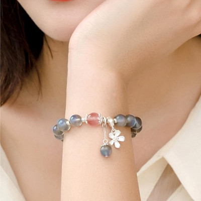 Vòng tay đá xà cừ phối charm hoa bạc mệnh thủy, kim - Ngọc Quý Gemstones