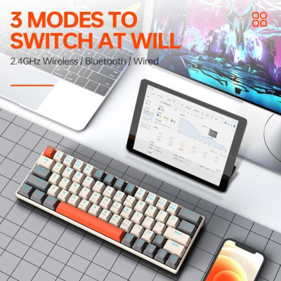 Keyboard ko dây T-WOLF T30 Cream Gray Chính hãng (Phím cơ, 63 key, Blue Switch, 22 chế độ LED, Pin sạc, Bluetooth - Hàng chính hãng
