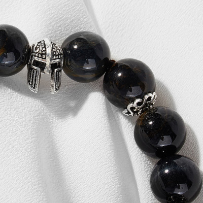 Vòng tay thạch anh mắt hổ xanh đen phối charm mũ giáp bạc Ngọc Quý Gemstone