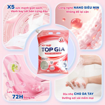 Bột Giặt TOPGIA Hương Nước Hoa Pháp, Nano Kháng Cặn, An Toàn Chăm Sóc Da Tay, Đánh Bay Vết Bẩn.