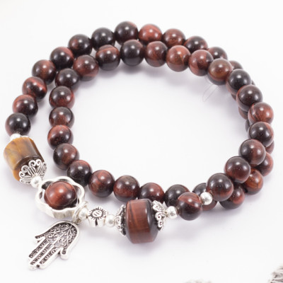 Vòng 2 Line Đá Thạch Anh Mắt Hổ Đỏ Phối Charm Bạc
