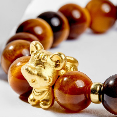 Vòng Tay Phong Thủy Đá Mắt Hổ Vàng Nâu Phối Charm Tuổi Tý Bạc Mạ Vàng 24K (8mm) Mệnh Thổ, Kim Ngọc Quý Gemstones