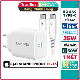 Combo Củ Sạc Nhanh Type-C PPS 25W RAVPower RP-PC156-W và Cáp Type-C To C 60W Dài 1M RP-CB047-W Dành Cho Điện Thoại Android, Cho Samsung, Cho Vivo, Cho Oppo, Cho Xiaomi Và Máy Tính Bảng - Hàng Chính Hãng
