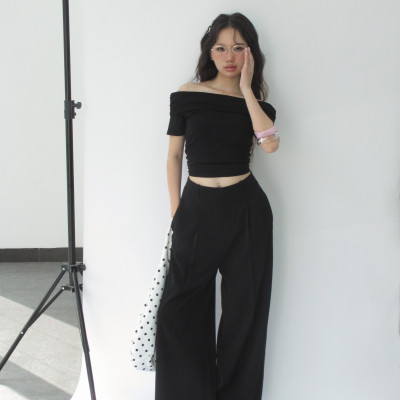 DOTTIE - Quần ống rộng lưng liền - Đen - Q0400