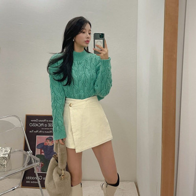 Áo sweater dệt kim màu xanh dáng ngắn thời trang ulzzang 