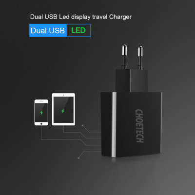 Cóc củ sạc nhanh 2 cổng USB Type A hiệu CHOETECH C0028 hỗ trợ sạc nhanh 5V-2.2A/Port trang bị chip sạc thông minh, đèn LED báo điện áp - Hàng chính hãng