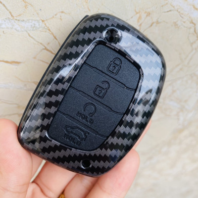 Ốp chìa khóa carbon xe Hyundai Creta, I10 2021 2022 2023 - chìa 4 nút,tặng kèm móc khoa cao cấp