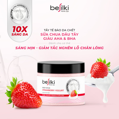 Tẩy da chết Body Sữa Chua Dâu Tây AHA BHA BESILKI 3in1 sáng mịn, ngừa mụn 170ml, 280ml