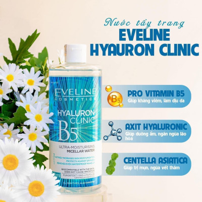 Nước tẩy trang Eveline Hyaluron Clinic B5 và tinh chất rau má 3 in 1 500ML