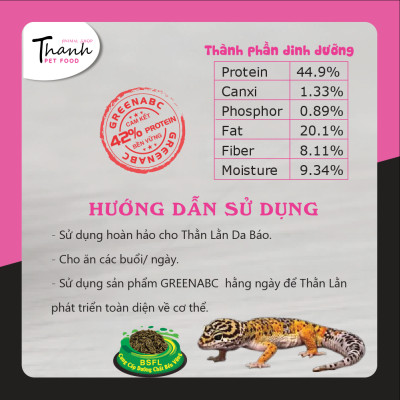 Thức ăn bò sát Thằn Lằn Da Báo nhãn GREENABC – Độ đạm 44.9% giúp tăng trưởng nhanh, lên màu đẹp, tiêu hóa tốt – Hộp 10g